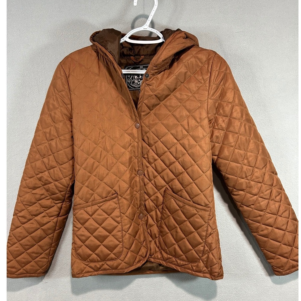 Quilted Jacket Women Medium Brown Hooded Snap Front Front Pockets Lightweight